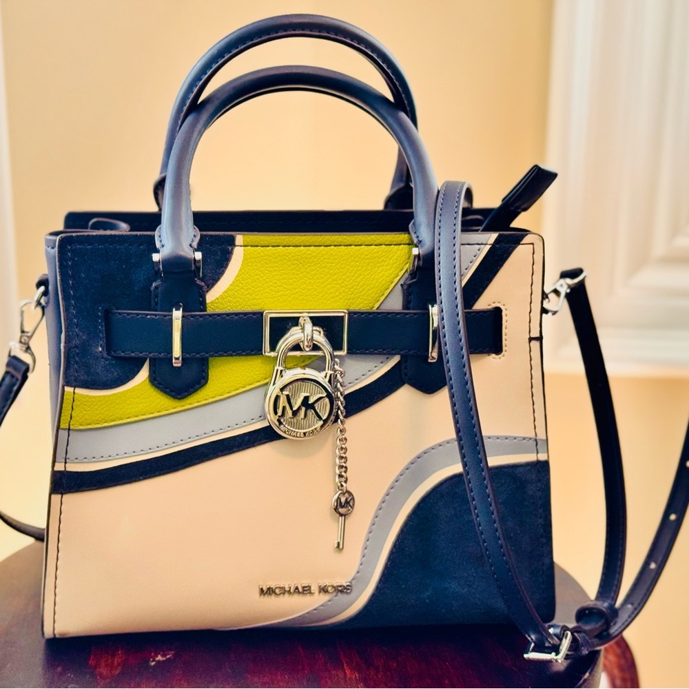 Michael Kors Black, Lime Green and White Leather & S  Satchel